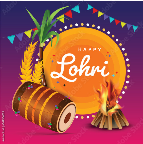 Vector illustration of Happy Lohri or Lohdi Punjabi festival with festival background, decoration and elements photo