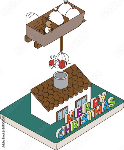 クリスマスに煙突から侵入を試みるサンタクロースのアイソメイラスト