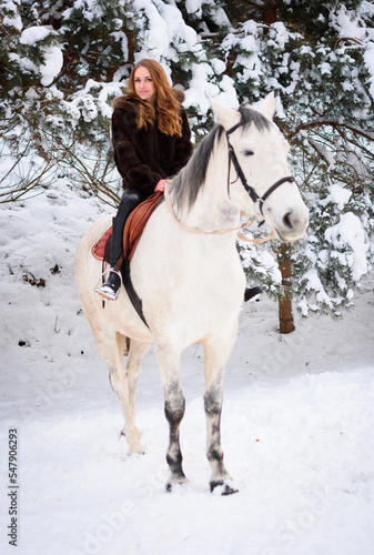 Sports winter horse races. Olympic games and training. Portrait of a girl riding a white animal