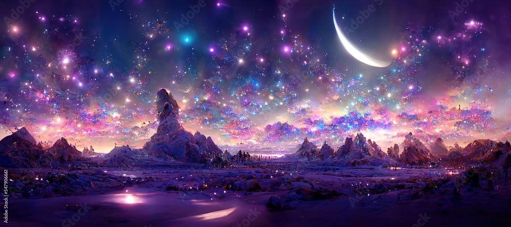 Fantasy landscape with sandy glaciers and purple crystal. Concept art. fantasy	 - obrazy, fototapety, plakaty 