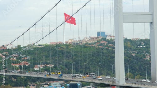Bosphorus bridge from Nakkastepe park, 15 July Martyrs Bridge with cars and Turkish flag, 15 Temmuz Köprüsü in Turkish, transportation idea, cityscape video: Nakkastepe, Istanbul, Turkey - 09.10.22