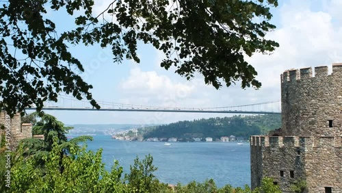 Fatih Sultan Mehmet Bridge view from Rumeli Castle, beautiful Istanbul cityscape with trees and bridge, Bosphorus view from Rumeli Fortress, famous destination and sightseeing place, summer day
