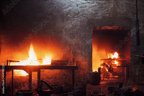 Fotografia Fire blazing in furnace of forge for heating metal and anvil nearby