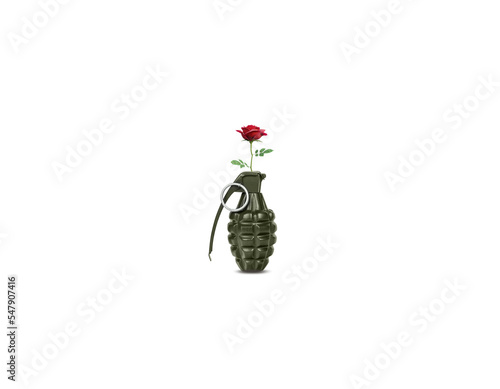 Anti-Terrorism Day Creative concept. Grenade and red rose. Stop War and save people. 3d rendering photo