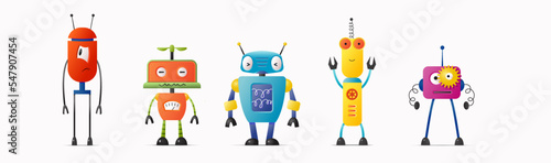 Set of cute vector robot characters for kids. Robotics and artificial intelligence