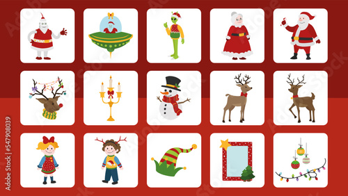 Big new year element set including UFO and alien characters. Robot Santa Claus and other Christmas characters. Flat vector design.
