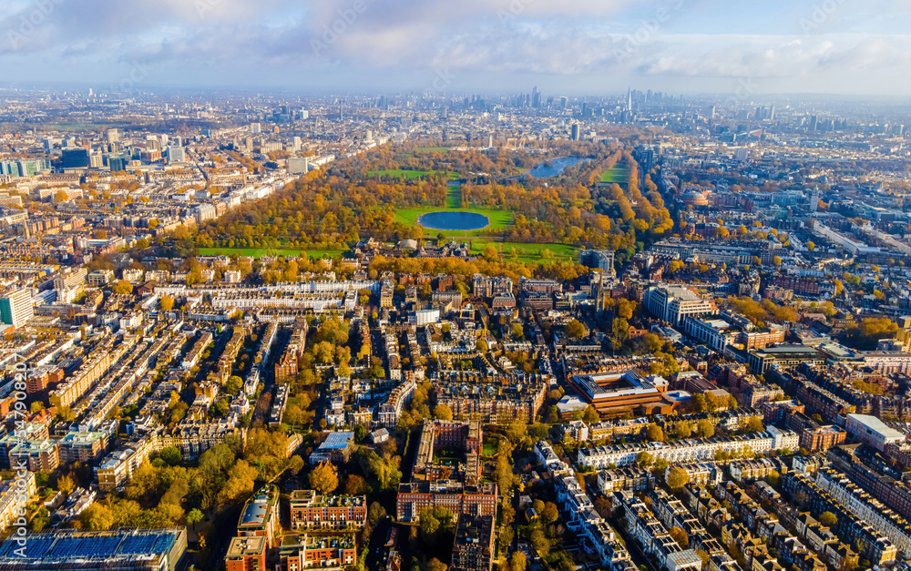 Aerial view of West Kensigton and Hyde park in London in autumn, England Aerial view of West Kensigton and Hyde park in London in autumn, England