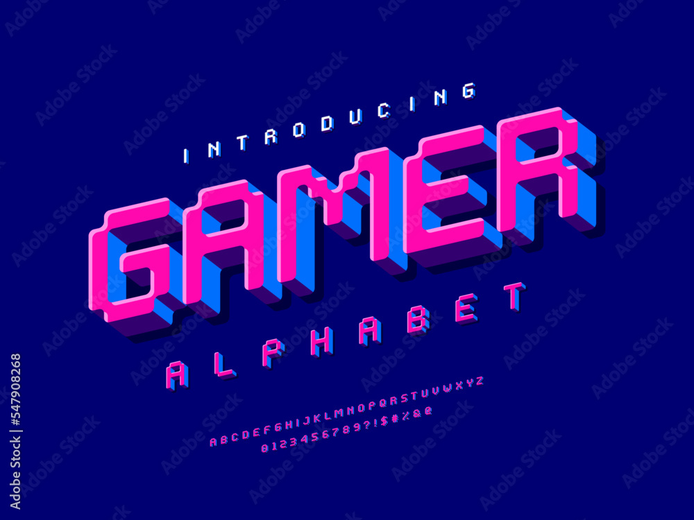 8 bit pixel style alphabet design with uppercase, numbers and symbol Stock Vector Adobe Stock