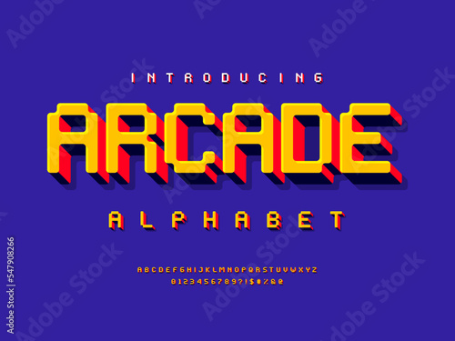8 bit pixel style alphabet design with uppercase, numbers and symbol