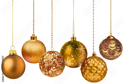 Canvas-taulu Six golden color decoration Christmas balls variation collection set hanging iso