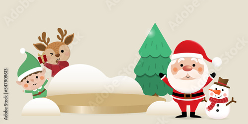 Merry Christmas and happy new year product display podium with cute Santa Claus, little elf, snowman, xmas tree and deer. Holiday cartoon character in winter season. -Vector