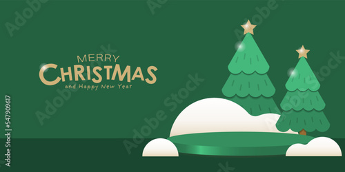 Merry Christmas and happy new year product display and podium. Cute xmas tree vector. Winter holidays background.