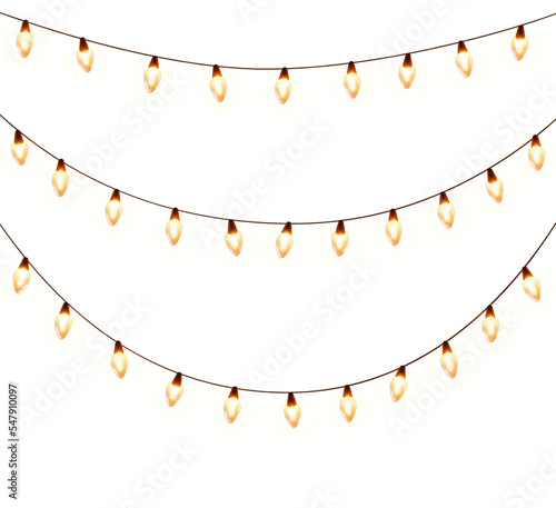 Lights bulbs isolated on white background. Glowing yellow Christmas garland strings, festival or carnival street decorations. Vector New Year party decor elements