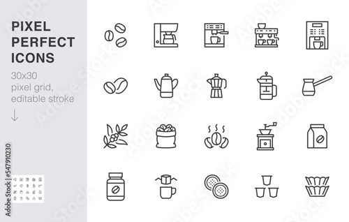Coffee making line icon set. Drip bag, moka, pod, capsule, arabian, kettle, french press, bean minimal vector illustration. Simple outline sign for coffeemaker. 30x30 Pixel Perfect, Editable Stroke