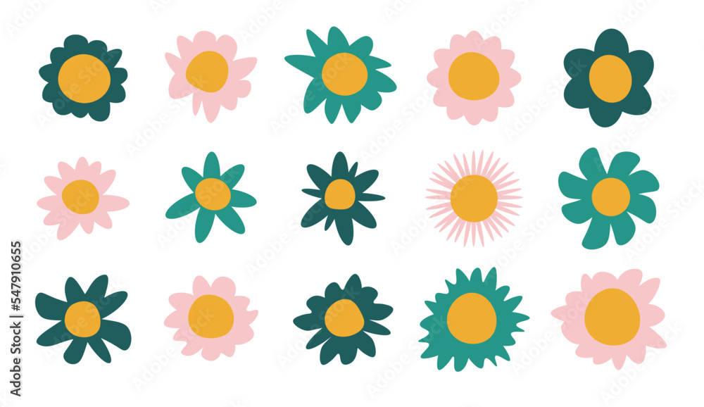 Hippy flowers set. Doodle flowers. 60s, 70s abstract flower. Flat design. Kids logo design with flowers vector set.  Floral design, naive art, infantile style art. All elements are isolated.