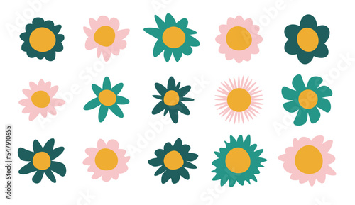 Hippy flowers set. Doodle flowers. 60s, 70s abstract flower. Flat design. Kids logo design with flowers vector set.  Floral design, naive art, infantile style art. All elements are isolated.