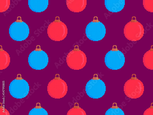 Pixel Christmas balls seamless pattern. Christmas balls in pixel art style red and blue color. 8-bit retro games from the 80s and 90s. Design for print, banner and wallpaper. Vector illustration
