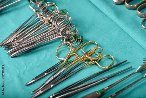 Prepare for surgical instruments during operation,scissors, forceps and scalpels,Straight scissor used to cut suture material where as curve scissor for tissue. Concept of surgery preparation.