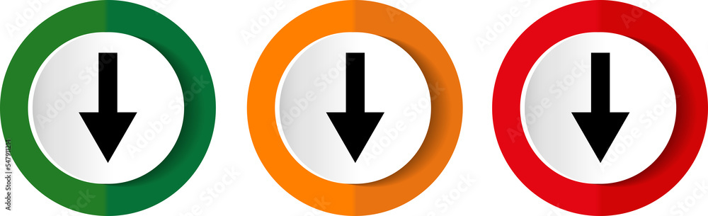 Down arrow, download icon set, colorful buttons in 3 color options for web design and mobile applications Down arrow, download icon set, colorful buttons in 3 color options for web design and mobile applications