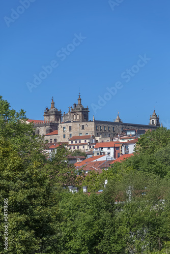 View at the Viseu city, with Cathedral of Viseu on top, Se Cathedral de Viseu, architectural icons of the city behind de trees