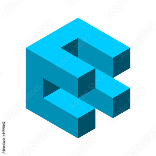 Blue abstract cube shape logo design template. Optical illusion, visual trick. 3D isometric box with two letters C. Geometric architecture object. Building industry. Vector illustration, clip art. 