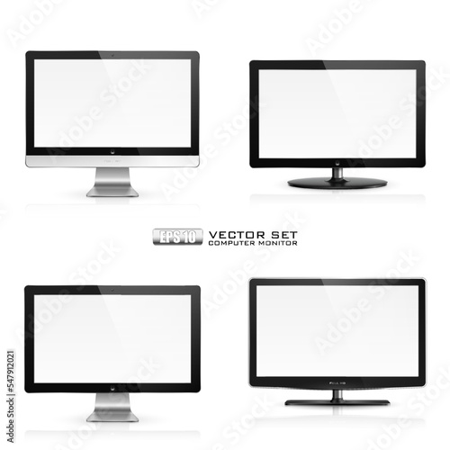 Vector set of realistic computer monitors with blank screen on white background.