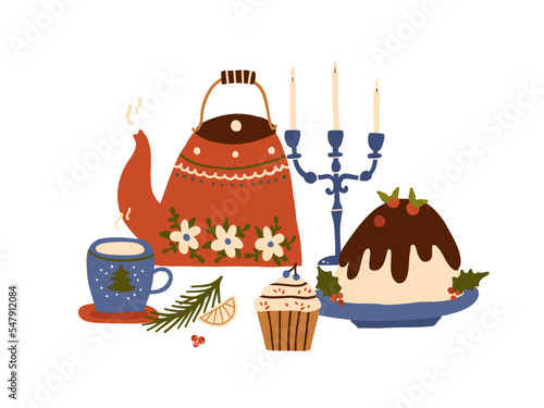 Christmas holiday food desserts cake, cupcake, hot teapot with cup of tea, candle. Winter hot drink sweet food. Vector illustration in flat style isolated on white background