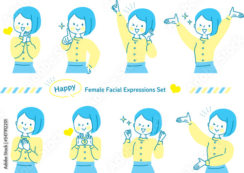 元気な女性のポジティブな表情セット_上半身