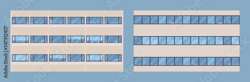 Facade windows in modern city set. Daytime classic contemporary glossy pattern for lively, free, design, shopping mall, office, comfortable living environment, urban development. Vector illustration