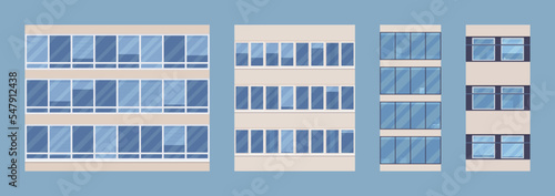Window facade set, office skyscrapers in business district. Residential architecture in growing city, fresh and lively texture for project, modernist, art, landscape urban design. Vector illustration