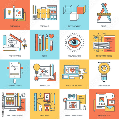 Abstract flat line vector illustration of design and development concepts. Elements for mobile and web applications.