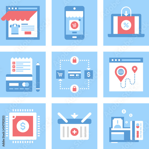 Vector set of flat digital commerce icons on following themes - webshop, mobile commerce, ecommerce, shopping list, secure transactions, navigation, digital money, add to basket, payment methods.