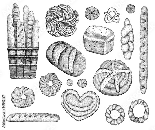 Bakery products. A set of different types of bread, baguettes, bagels, buns. A collection of hand-drawn illustrations. Engraving. Graphics