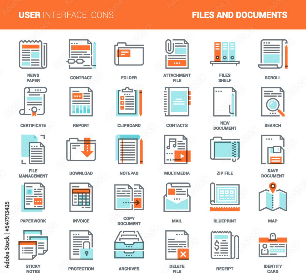 Vector set of files and documents flat line web icons. Each icon with adjustable strokes neatly designed on pixel perfect 48X48 size grid. Fully editable and easy to use.