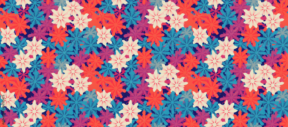 Seamless Pattern with Colorful Snowflakes, Winter Themed Background Cover or Pattern for Design, Printing, Textiles, Gift Wrap, Objects