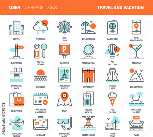 Vector set of travel and vacation flat line web icons. Each icon with adjustable strokes neatly designed on pixel perfect 48X48 size grid. Fully editable and easy to use. photo