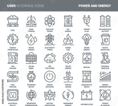 Vector set of power and energy flat line web icons. Each icon with adjustable strokes neatly designed on pixel perfect 48X48 size grid. Fully editable and easy to use.