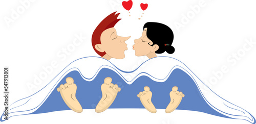 Young man and woman kissing, laying under the blanket
All you need is love. Love couple rendezvous. Heart symbols
