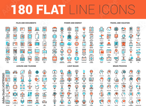 Vector set of 180 flat line web icons on following themes - files and documents, power and energy, travel and vacation, leisure and tourism, light bulbs, brain process