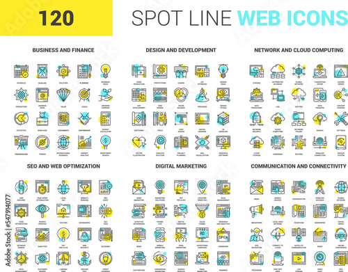 Vector set of 120 spot line web icons on following themes - business and finance, design and development, network and cloud computing, SEO and web optimization, digital marketing, communication