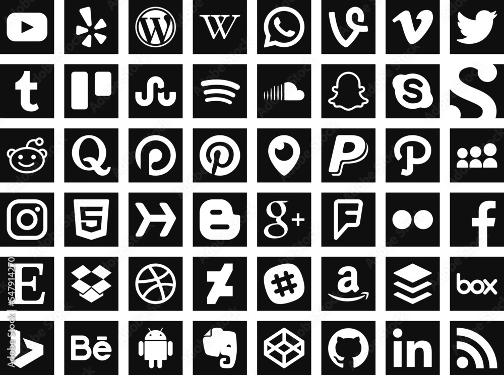 Collection of popular social media icons. Facebook, Twitter, YouTube