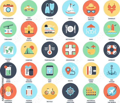 Vector set of leisure and tourism flat web icons. Each icon neatly designed on pixel perfect 48X48 size grid. Fully editable and easy to use.
