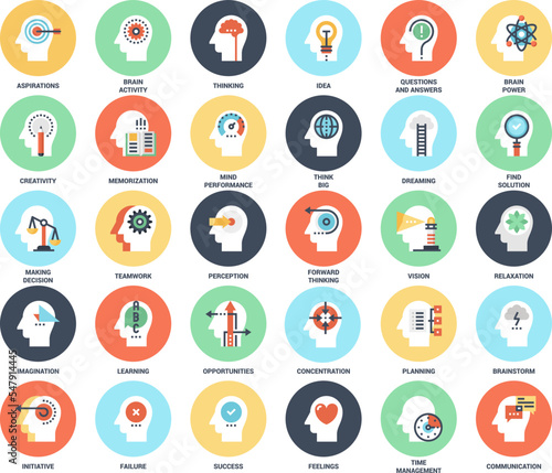 Vector set of thinking and brain process flat line web icons. Each icon with adjustable strokes neatly designed on pixel perfect 48X48 size grid. Fully editable and easy to use.