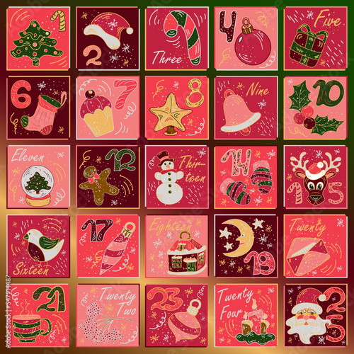 Cute doodle style Christmas advent calendar with 25 frames