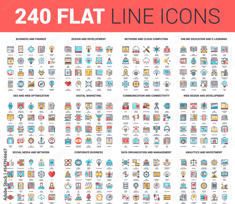 Vector set of 240 64X64 pixel perfect flat line web icons. Fully editable and easy to use.