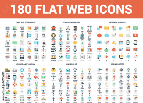 Vector set of 180 flat web icons on following themes - files and documents, power and energy, message bubbles, leisure and tourism, light bulbs, brain process