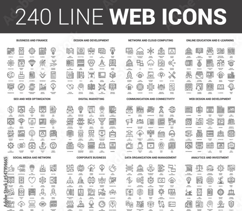 Vector set of 240 64X64 pixel perfect flat line web icons. Fully editable and easy to use. © Maxim Basinski