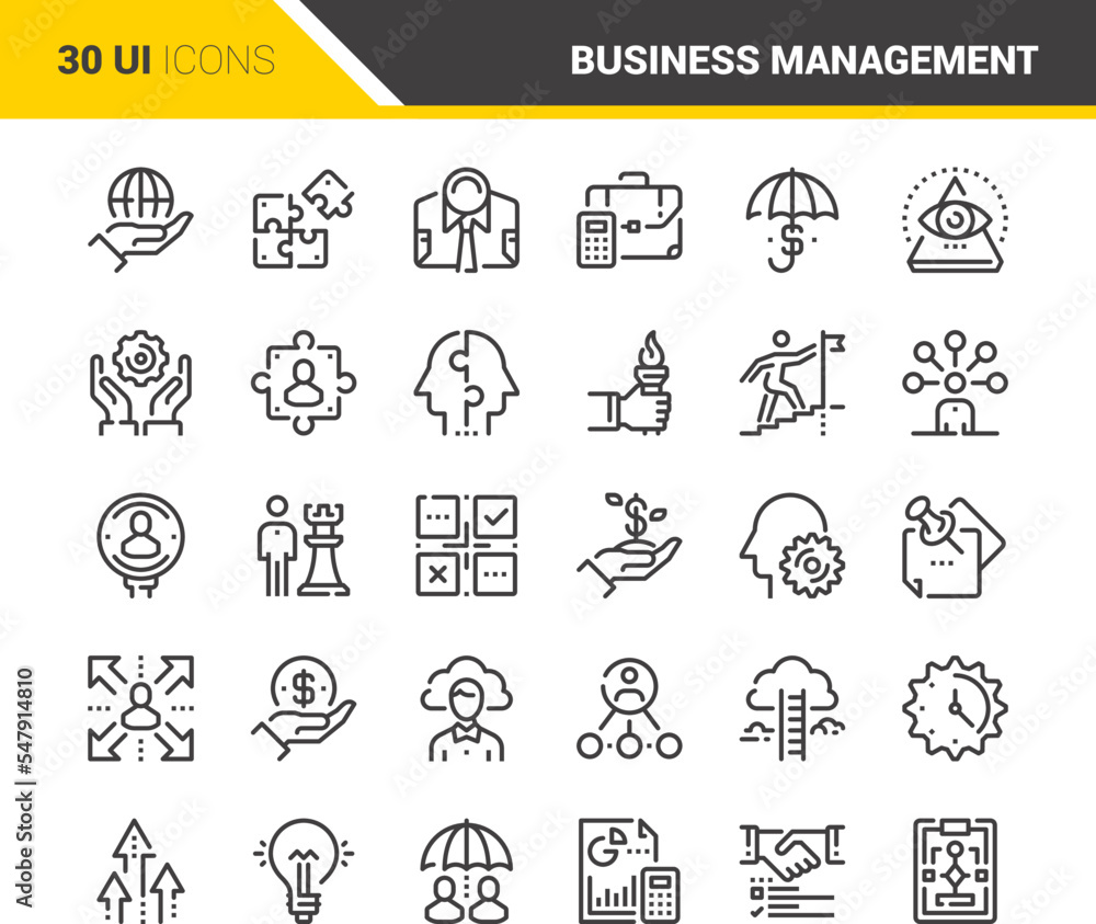 Vector set of business management flat line web icons. Each icon with adjustable strokes neatly designed on pixel perfect 48X48 size grid. Fully editable and easy to use.