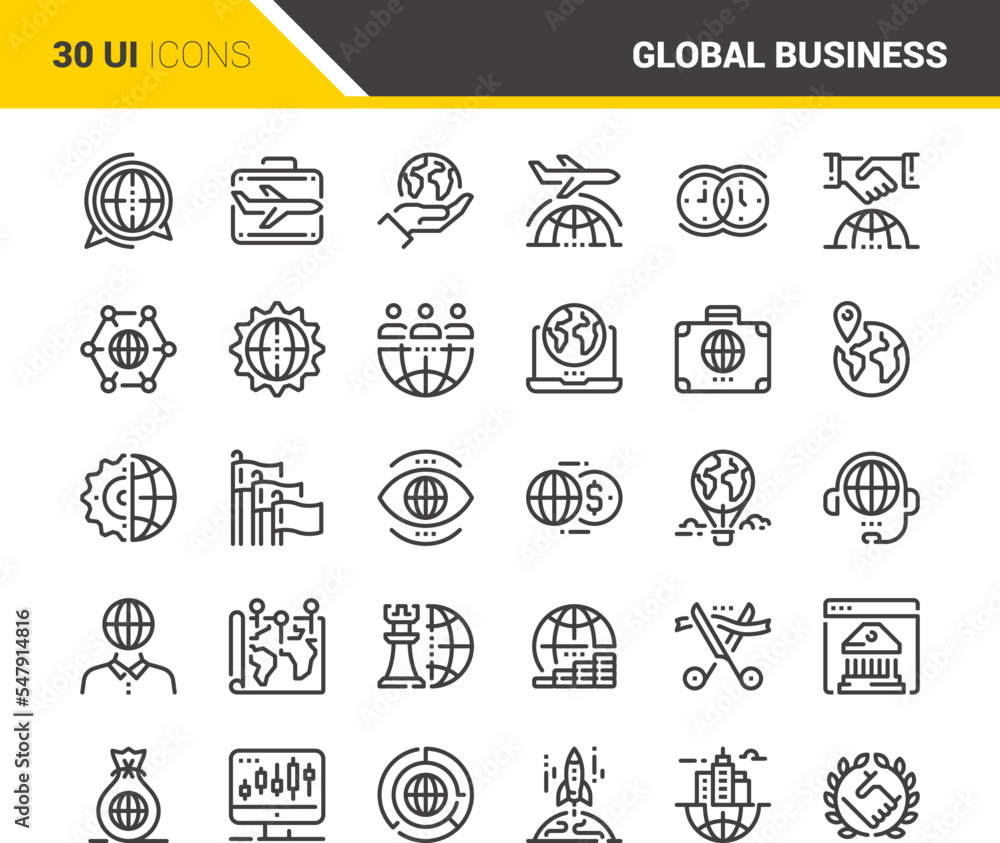 Vector set of global business flat line web icons. Each icon with adjustable strokes neatly designed on pixel perfect 48X48 size grid. Fully editable and easy to use.