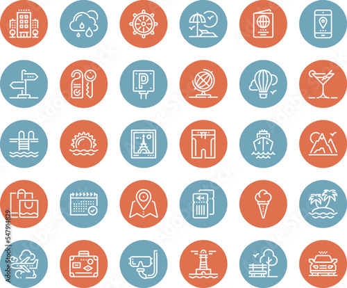 Vector set of travel and vacation flat line web icons. Each icon with adjustable strokes neatly designed on pixel perfect 48X48 size grid. Fully editable and easy to use.